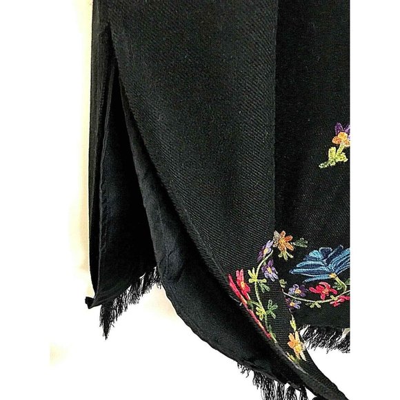 Vintage Black Midi Skirt XL Crewel Floral Embroidery Border Fringed Hem - Picture 7 of 8